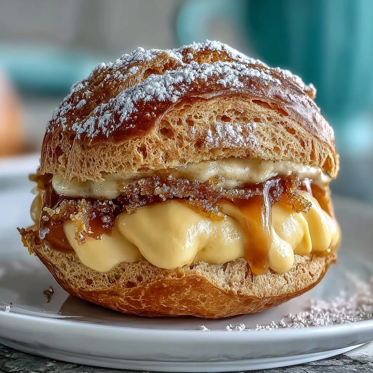 Fluffy choux pastry shells bursting with rich, velvety mango pastry cream, offering a delightful balance of buttery and fruity flavors in every bite.