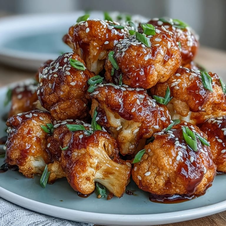 Golden air fryer General Tso's cauliflower florets coated in a glossy, tangy sauce, topped with fresh scallions and sesame seeds.