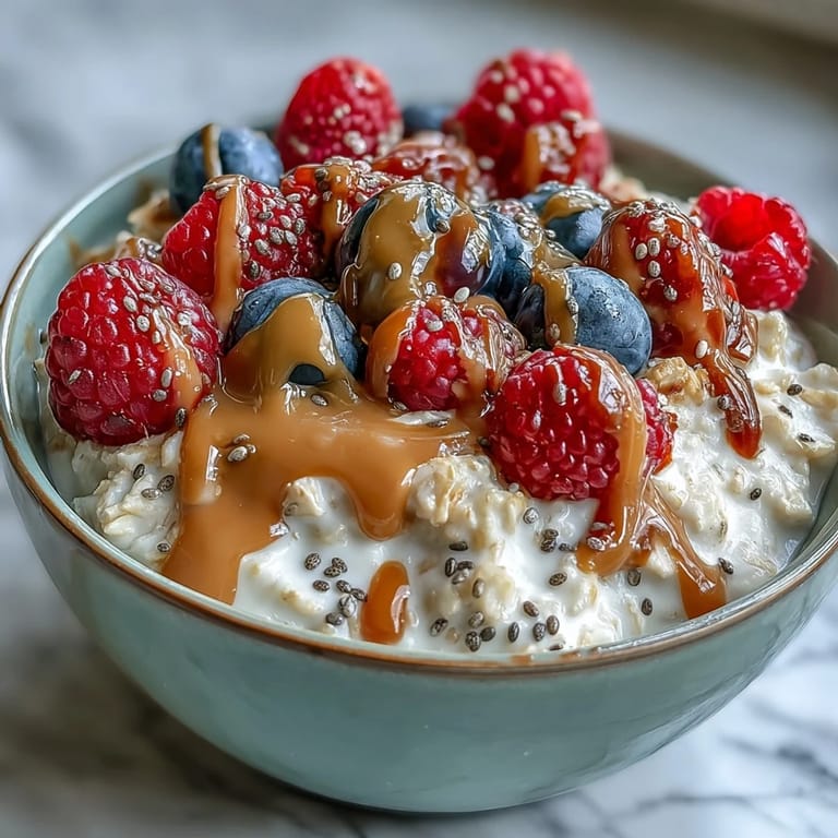 A jar of overnight oats topped with juicy mixed berries, chia seeds, and a swirl of almond butter.  