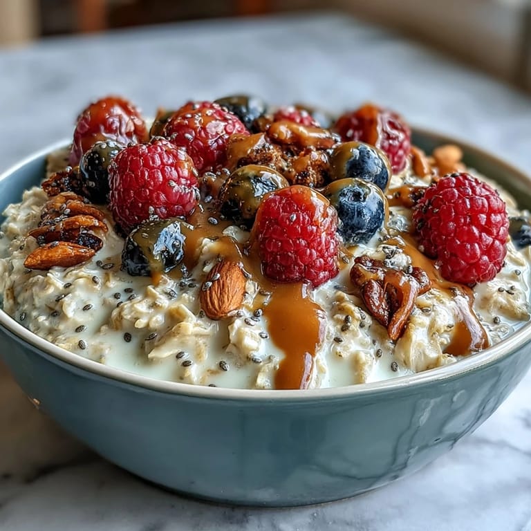 Overnight oats with almond butter and fresh berries, a quick, wholesome breakfast for busy mornings.