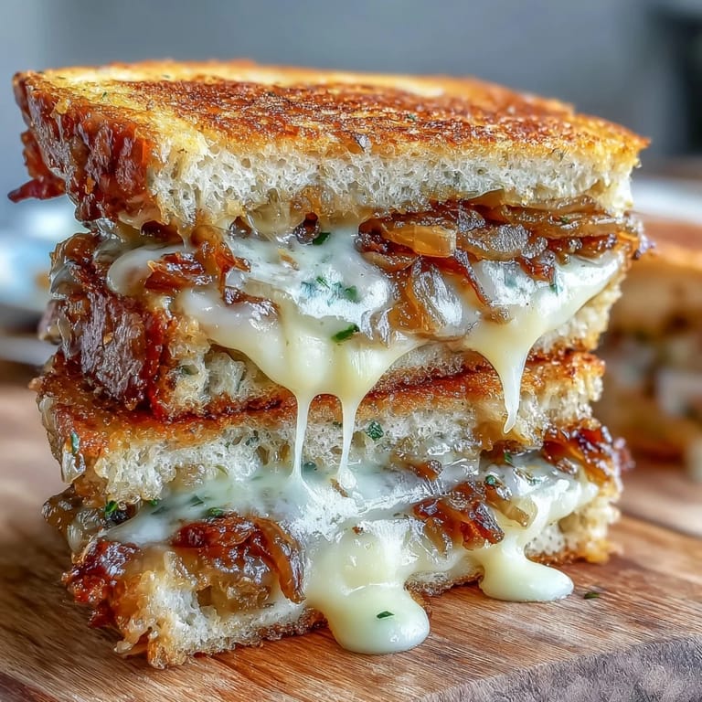 Gourmet sourdough grilled cheese sandwich with rich Gruyere and sweet caramelized onions, perfect for lunch.