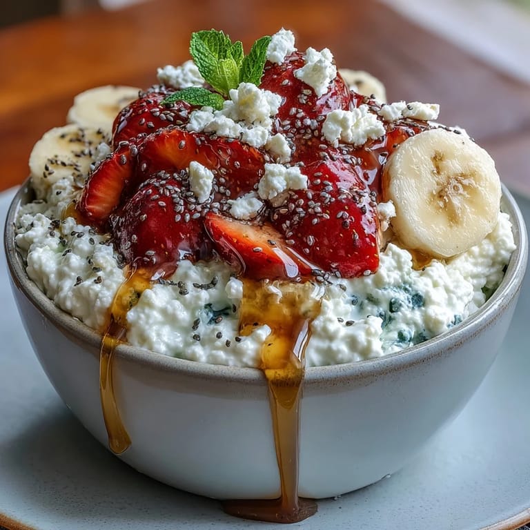 Nutritious cottage cheese paired with ripe berries, banana slices, and honey, garnished with mint for a refreshing and colorful meal.
