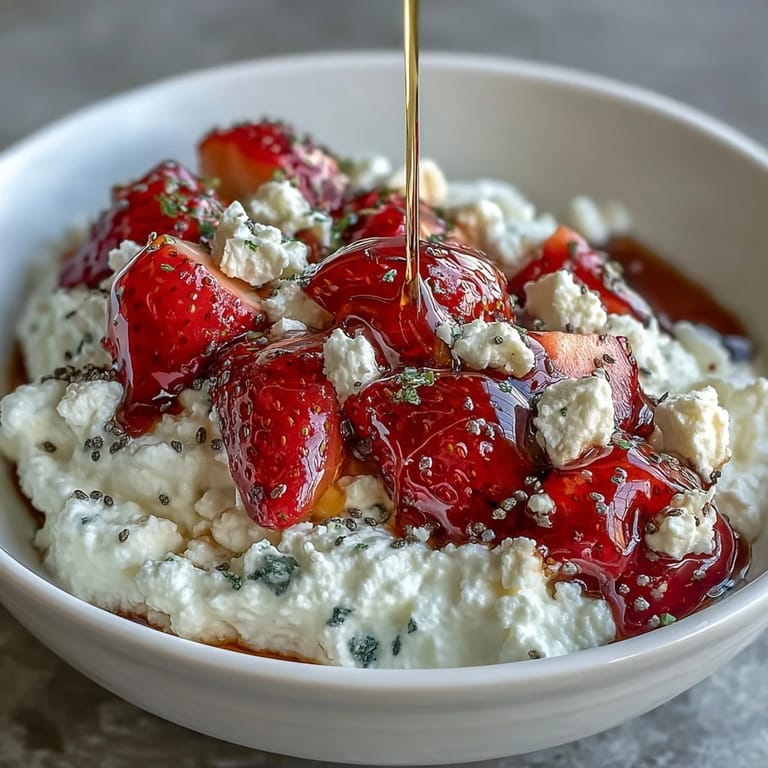 A wholesome cottage cheese fruit bowl featuring juicy strawberries, tropical pineapple, and crunchy nuts for a satisfying breakfast or snack.  