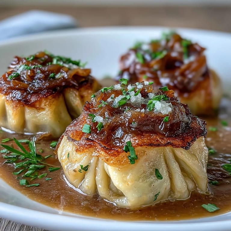 Close-up of golden brown French Onion Soup Dumplings.