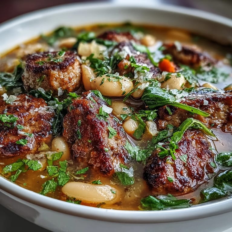 Hearty Italian sausage and creamy cannellini beans shine in this rustic Tuscan soup, garnished with Parmesan and fresh parsley.  