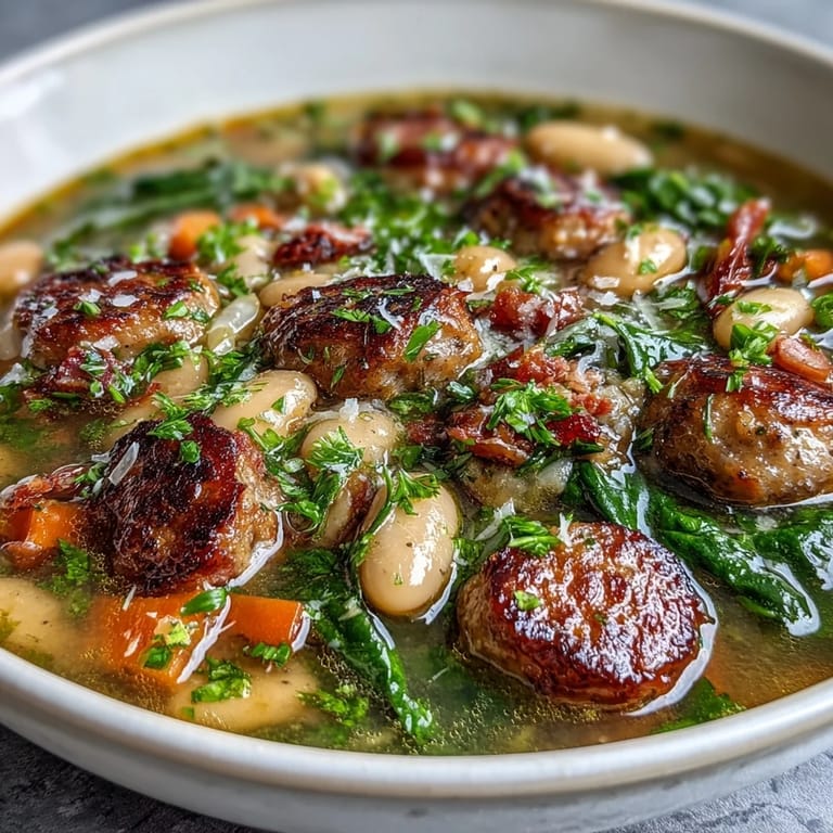Fragrant Tuscan white bean soup with savory Italian sausage, simmered vegetables, and aromatic herbs, served hot with crusty bread.