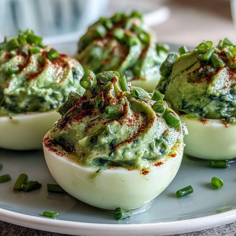 Delicious green deviled eggs with smooth avocado filling, served chilled and sprinkled with smoky paprika.