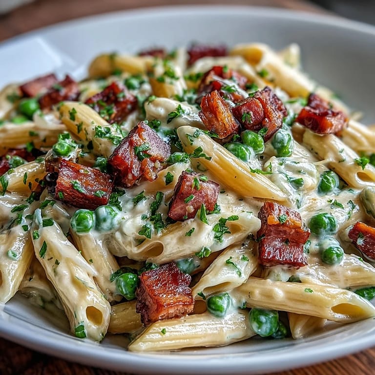 A comforting bowl of Creamy Leek, Pea, and Ham Pasta topped with Parmesan, featuring al dente pasta and fresh leeks.  