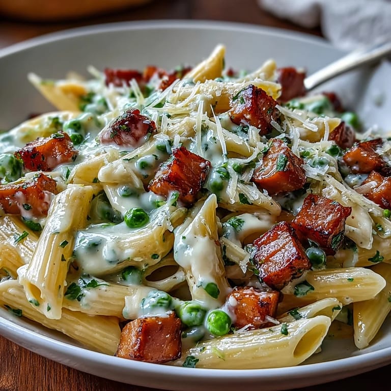 Creamy Leek, Pea, and Ham Pasta served hot, with a velvety sauce clinging to every bite and hints of nutmeg.