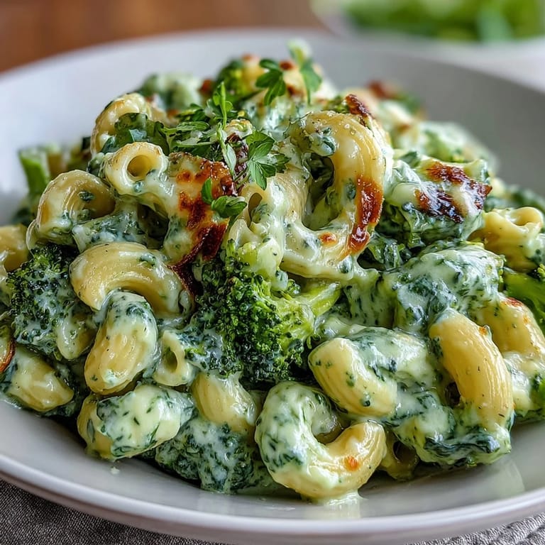 A hearty bowl of green mac and cheese featuring tender pasta, fresh broccoli, and a velvety spinach-infused cheese sauce.  