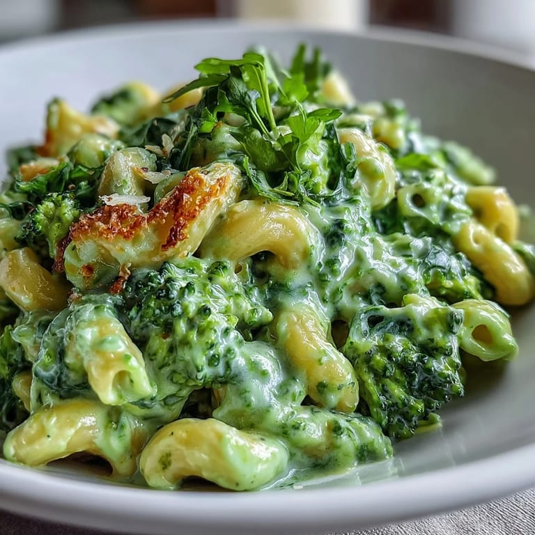 Baked green mac and cheese with spinach and broccoli, golden and bubbling, served hot with a sprinkle of parsley.