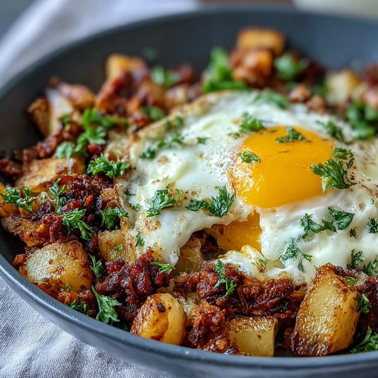 Golden brown corned beef hash breakfast skillet topped with sunny-side-up eggs, fresh parsley, and a sprinkle of smoked paprika for extra flavor.
