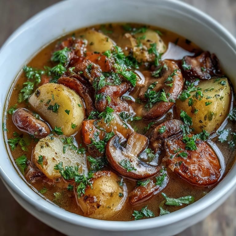 A comforting bowl of Guinness-free Irish stew, packed with carrots, parsnips, potatoes, and umami mushroom meat.  