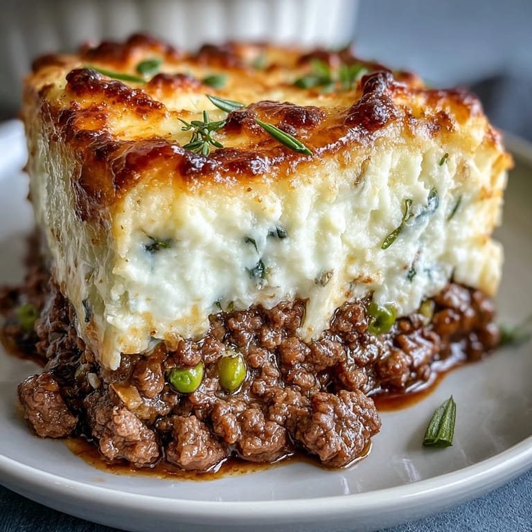 A hearty shepherd's pie with cauliflower mash, served in a rustic baking dish with a light, fluffy topping over seasoned meat and peas.