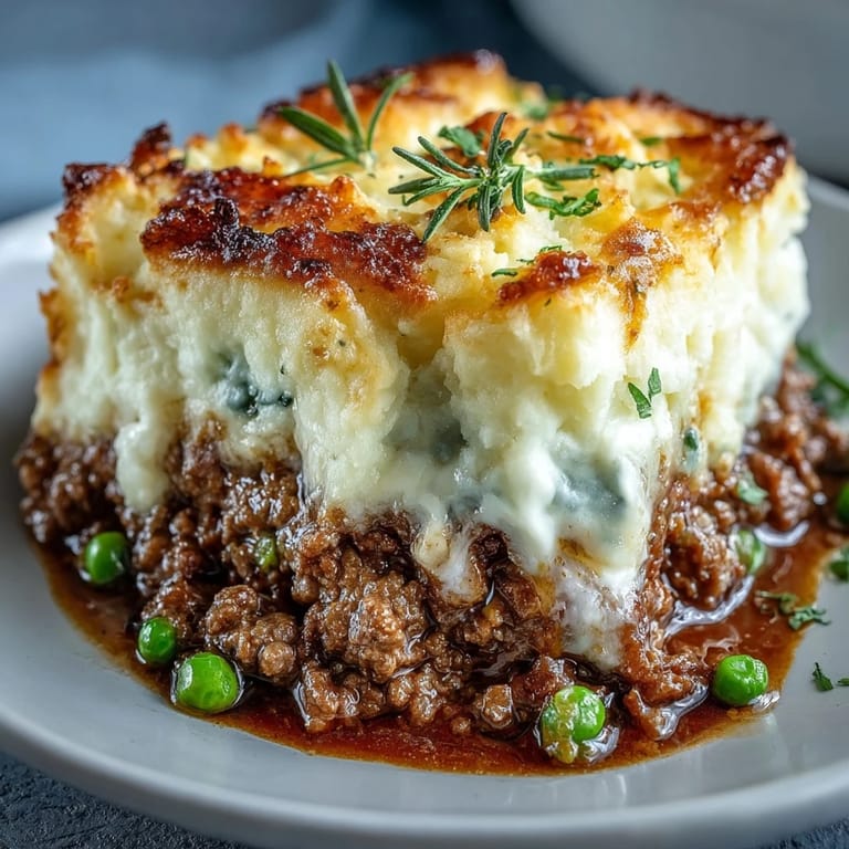 A comforting shepherds pie with cauliflower mash topping, featuring tender vegetables and rich gravy beneath a smooth, golden crust.