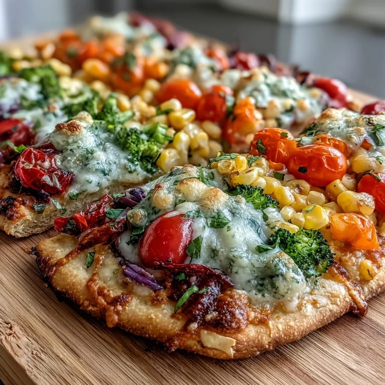 This festive St. Patrick's Day Rainbow Veggie Flatbread Pizza is topped with a bright array of fresh vegetables, creating a delicious and nutritious meal.