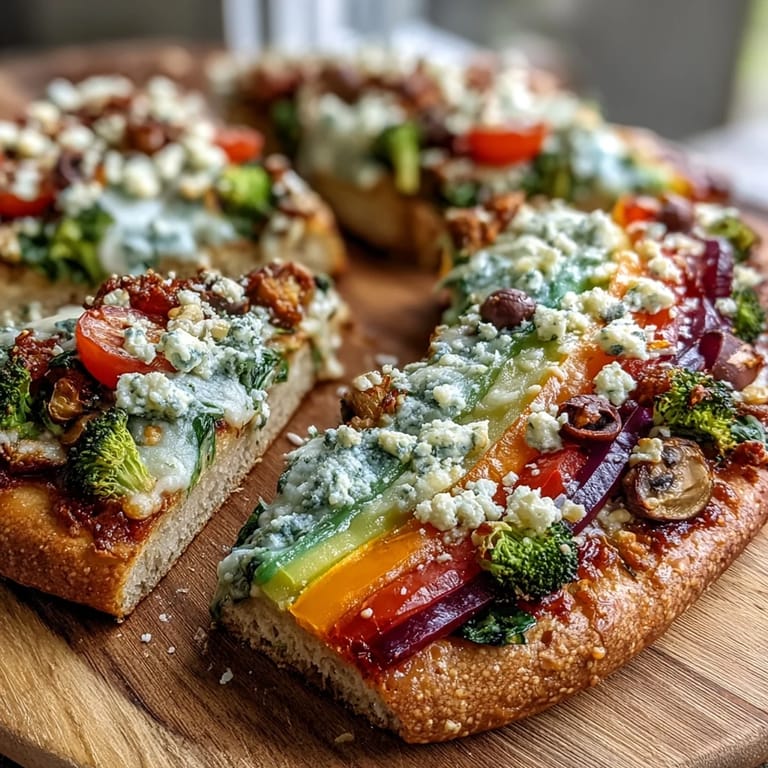 Celebrate St. Patrick's Day with this healthy Rainbow Veggie Flatbread Pizza, featuring crisp vegetables and melted cheese on a golden crust.  