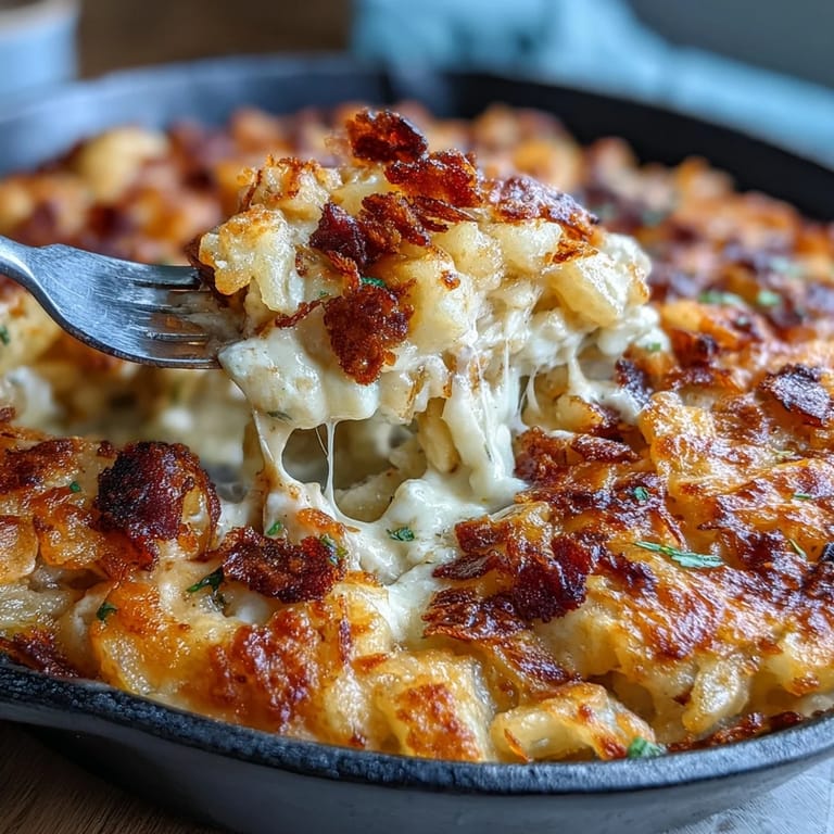 Comforting Funeral Potatoes and Ham Breakfast Skillet with rich sour cream sauce and buttery cornflake topping, perfect for brunch.