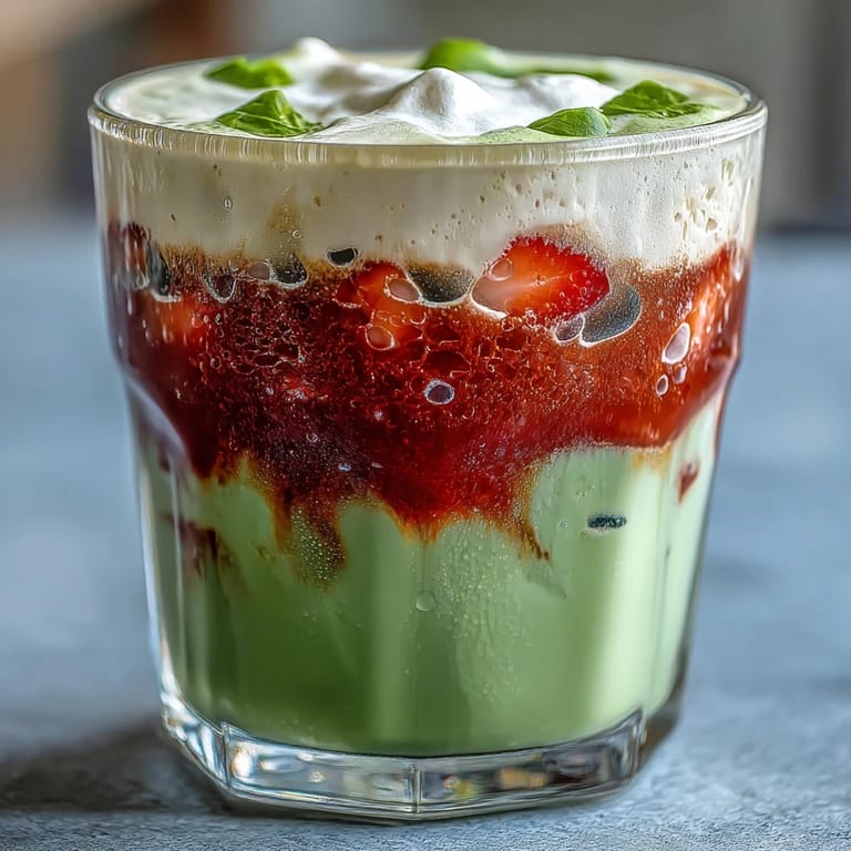 Layers of strawberry puree, earthy matcha, and frothy oat milk foam in a refreshing vegan latte.