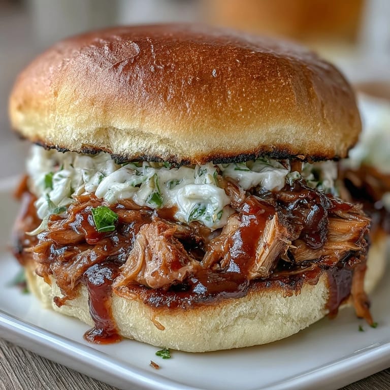 Slow-cooked pulled pork piled high on slider buns, topped with creamy coleslaw for the perfect party bite.