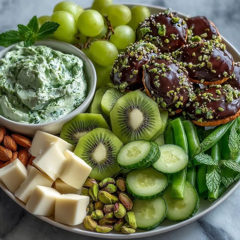 A festive green-themed treat platter featuring guacamole, snap peas, pistachios, and mint chocolate candies for holiday fun.