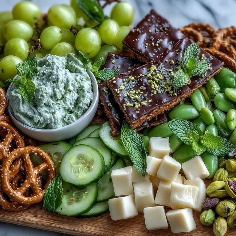 A colorful St. Patrick's Day board with fresh veggies, cheeses, green tortilla chips, and sweet treats for celebrations.