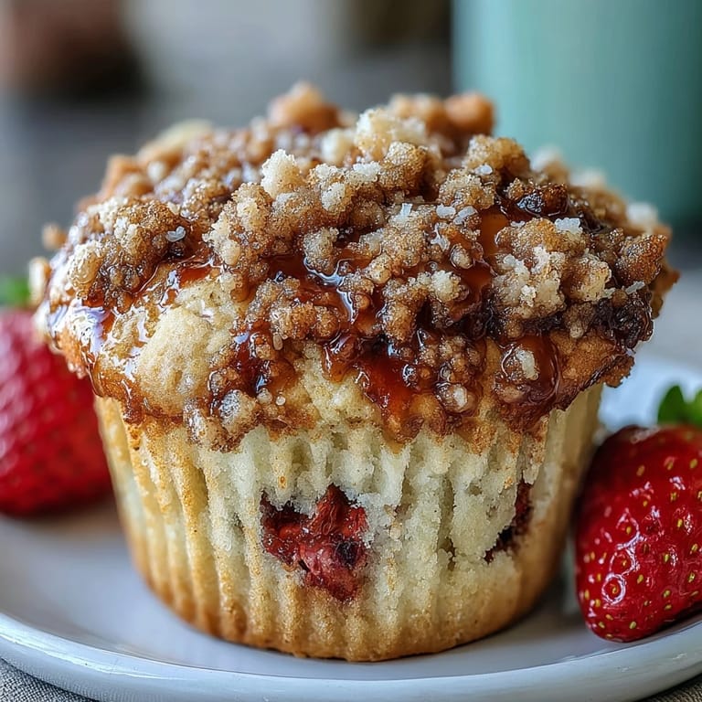 Fluffy muffins filled with fresh strawberries, crowned with a cinnamon-spiced golden crumble topping.