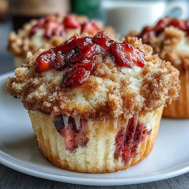 Warm, tender muffins packed with diced strawberries and a crisp, sweet crumble finish.