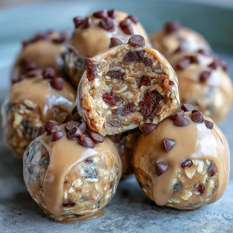 Creamy peanut butter mixed with hearty oats and rich dark chocolate chips in easy no-bake energy bites.