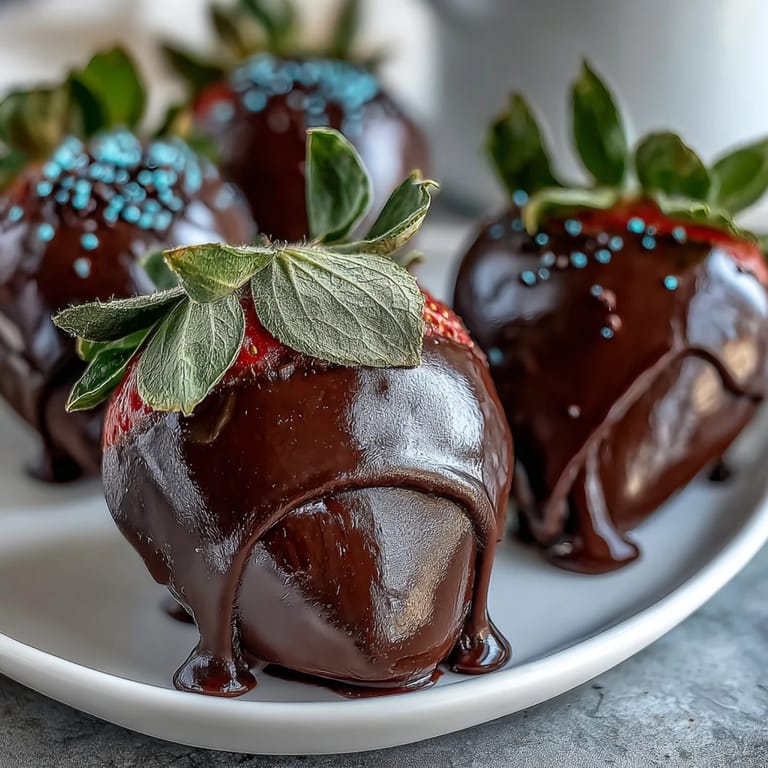 A close-up of fresh strawberries coated in glossy chocolate and topped with vibrant Easter-themed sprinkles.
