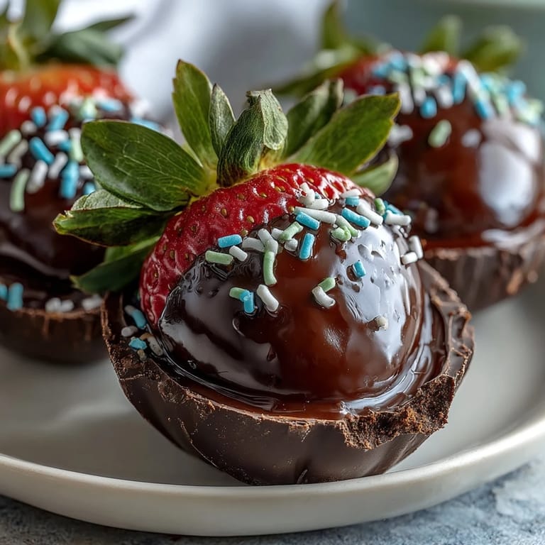 Hand-dipped strawberries glistening with dark chocolate and rainbow sprinkles, perfect for Easter dessert tables.