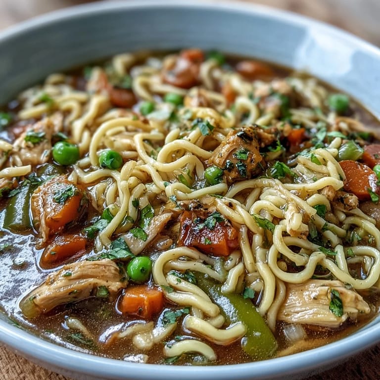 Comforting Chicken Run One-Pot Chicken Noodle Soup with juicy chicken, vibrant veggies, and pasta simmering in a fragrant, homemade broth.