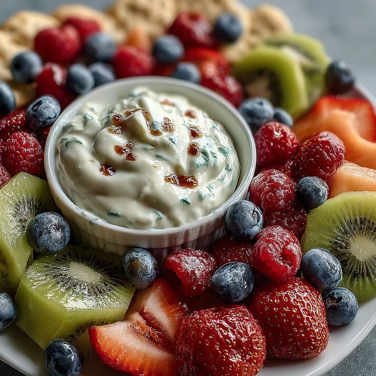 Elegant Baby in Bloom Fruit Platter features colorful strawberries, blueberries, and melon arranged in petal-like shapes, paired with a luscious vanilla yogurt dip.