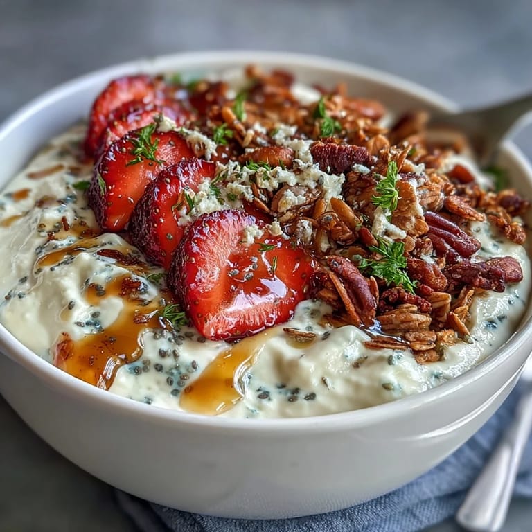 Protein-packed cottage cheese topped with juicy strawberries and toasted granola, drizzled with honey for natural sweetness.