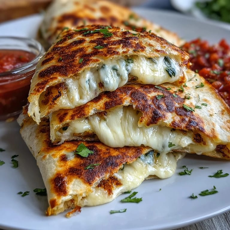 Golden-brown mini quesadilla triangles with colorful bell peppers and spinach, paired with zesty homemade salsa.