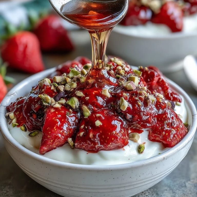 Vibrant Greek yogurt bowls topped with warm strawberry compote, crunchy almonds, and a honey drizzle.