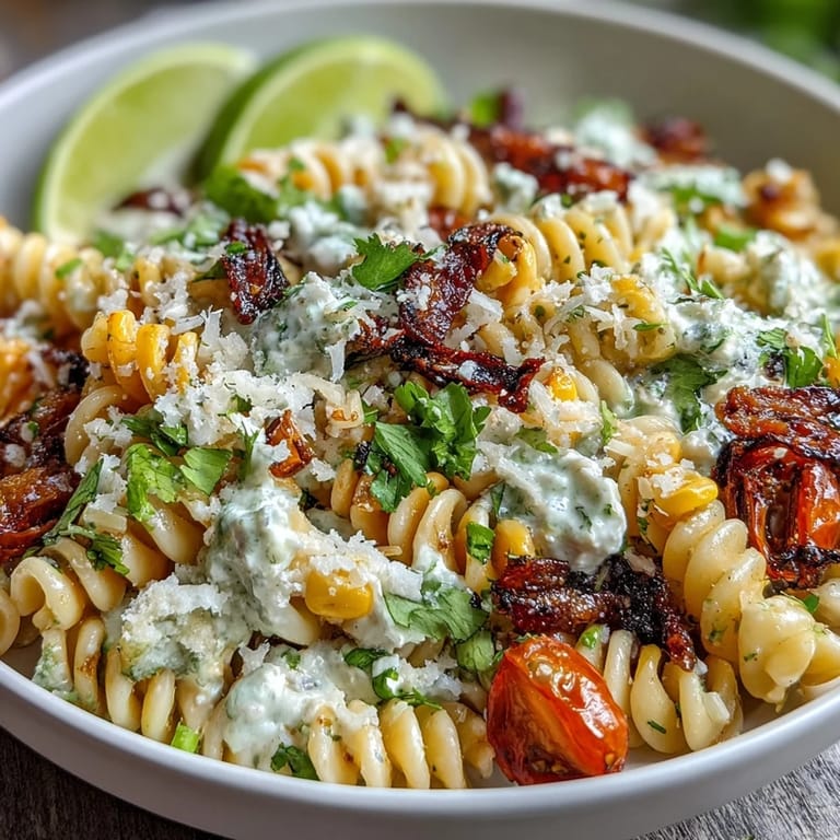 Vibrant pasta salad featuring Mexican street corn flavors, with charred kernels, fresh cilantro, and tangy lime dressing.