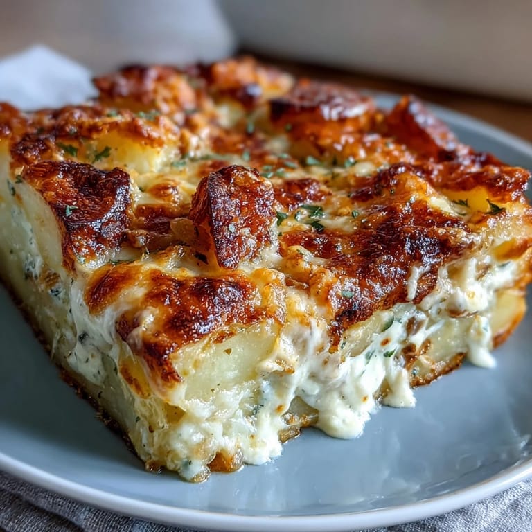Decadent Creamy Au Gratin Potatoes with golden cheese crust and creamy garlic sauce