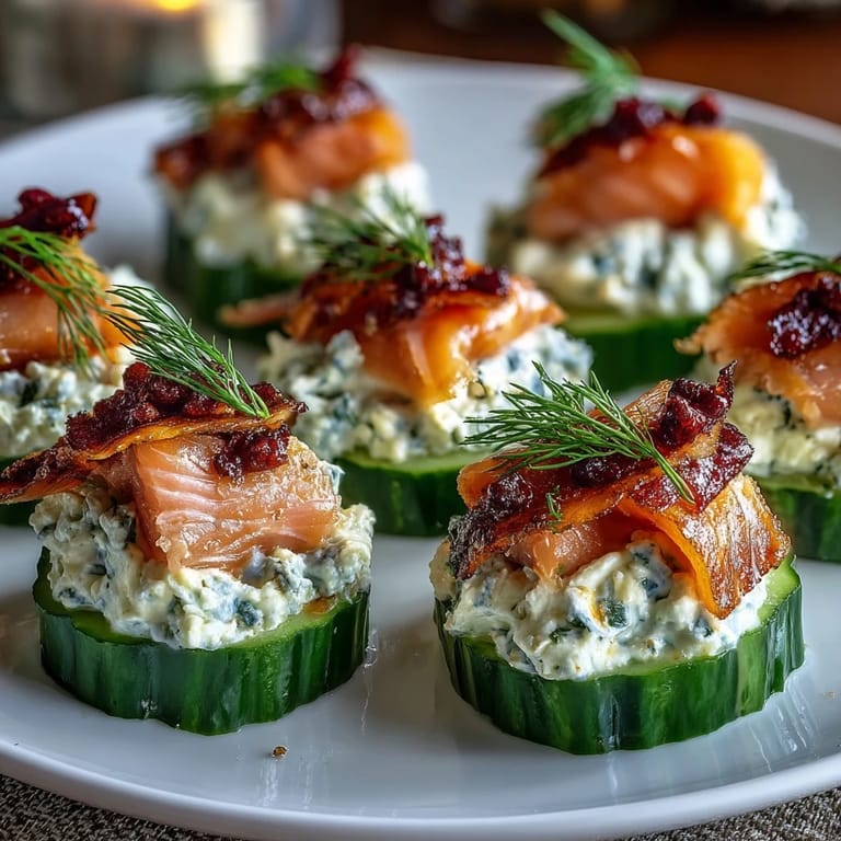 Crisp cucumber slices layered with smooth cream cheese and delicate smoked salmon, finished with fresh dill for a refreshing, light bite.