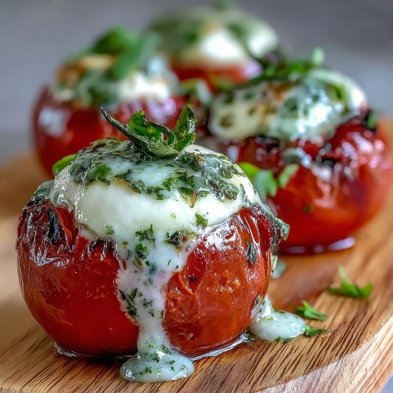 Fresh Caprese skewers with cherry tomatoes, mozzarella, and basil leaves, topped with a zesty pesto drizzle for a perfect appetizer.