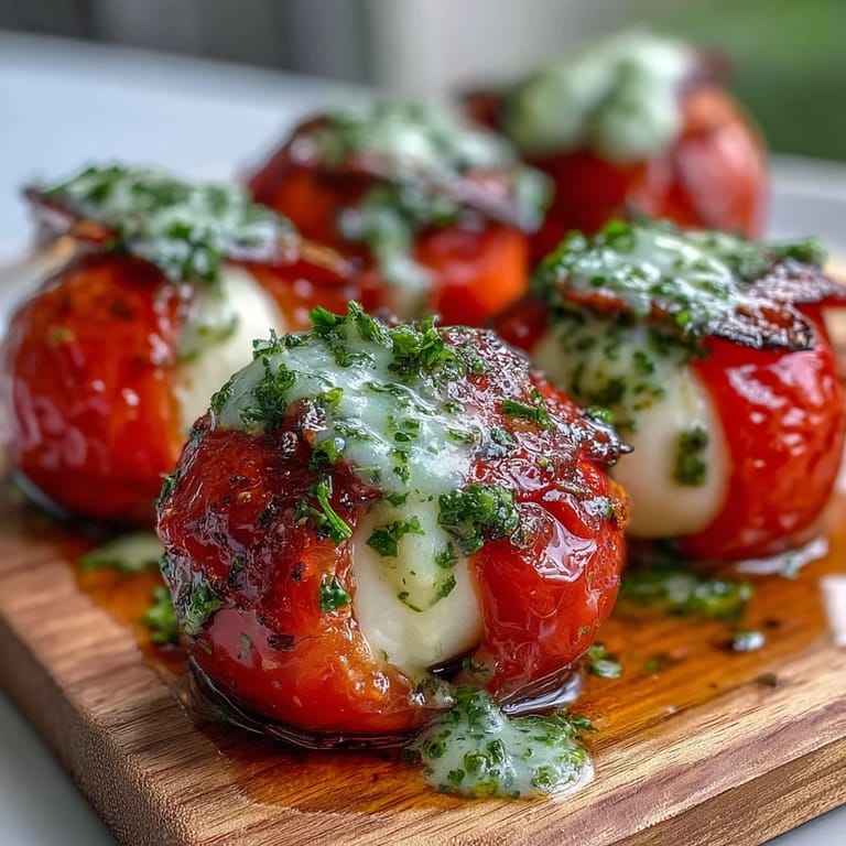 Vibrant Caprese skewers featuring ripe tomatoes, mozzarella balls, and basil, finished with a fragrant homemade pesto drizzle.  