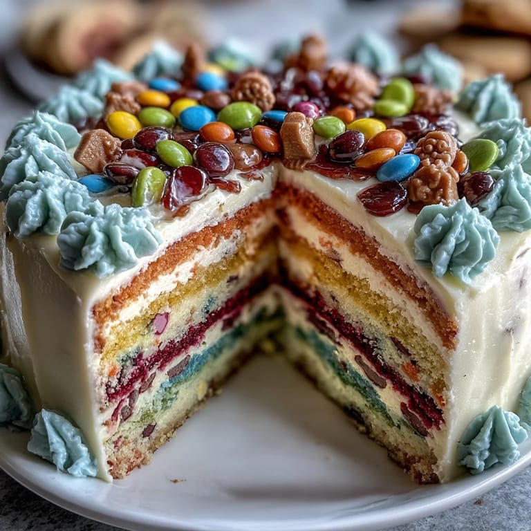 Colorful rainbow cake layers reveal a hidden candy piñata when sliced, making this Cinco de Mayo dessert a showstopper.
