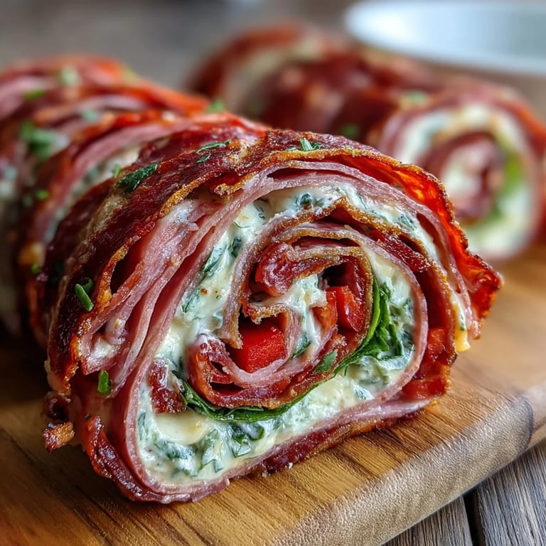 A close-up of Italian sub pinwheel wraps reveals savory ham, salami, and provolone slices with vibrant peppers and lettuce.  