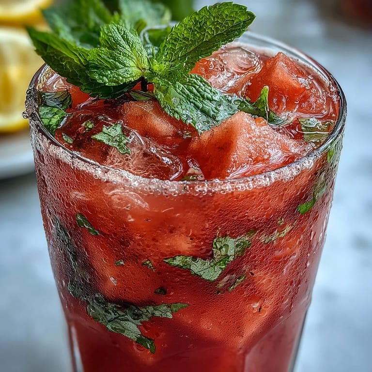 Chilled watermelon lemonade infused with fresh mint, served over ice cubes with a sprig of mint for aroma and color.