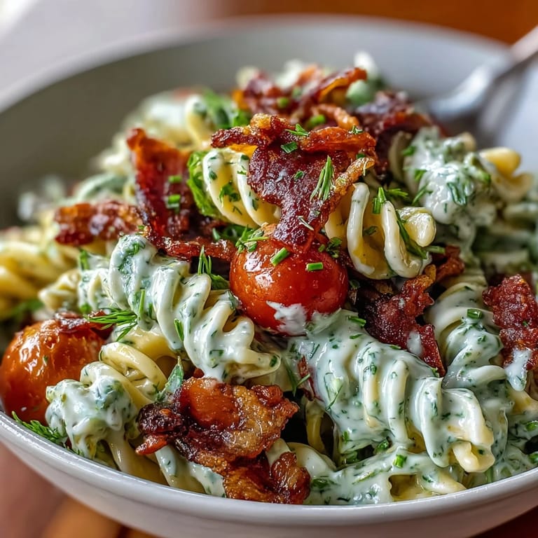 A refreshing BLT pasta dish, perfect for picnics with its cool avocado ranch dressing.