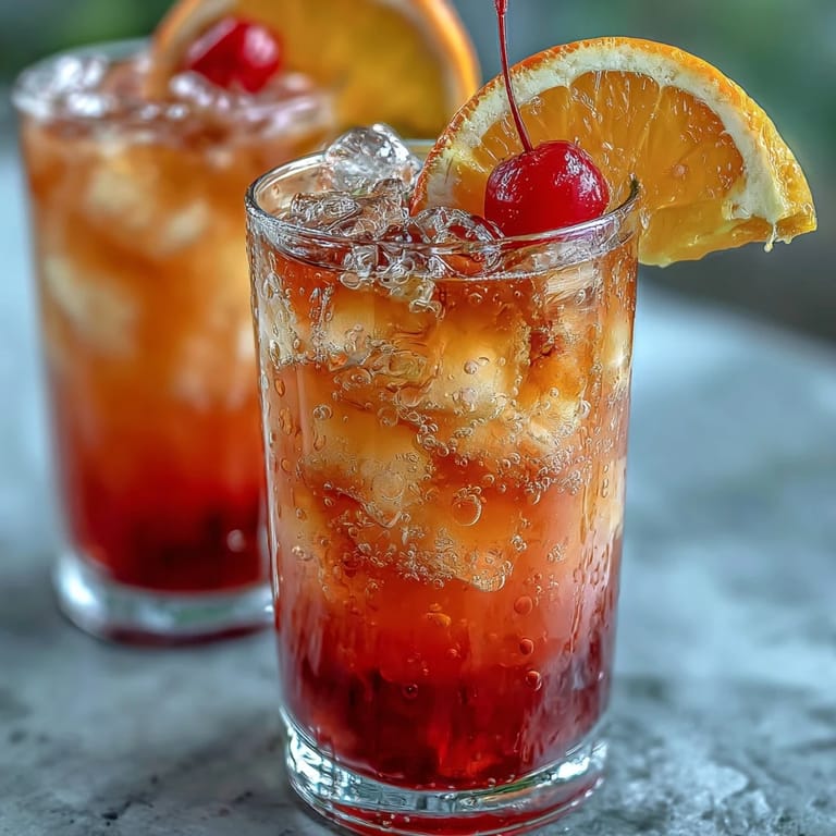 Layered sunrise effect in a tall glass mocktail with grenadine syrup settling beneath citrus juices for a stunning visual.