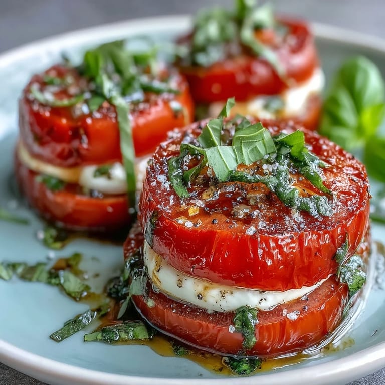 Colorful Caprese salad featuring alternating tomato and mozzarella slices, enhanced with fresh basil leaves and basil oil drizzle.