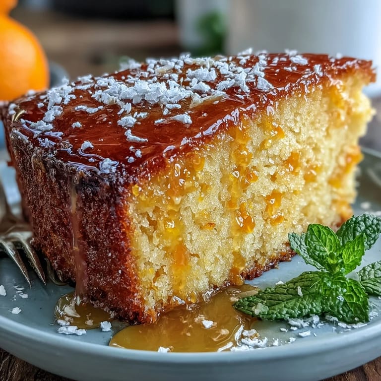 Close-up of a freshly baked whole orange cake with glossy top, highlighting its rich color and inviting texture.