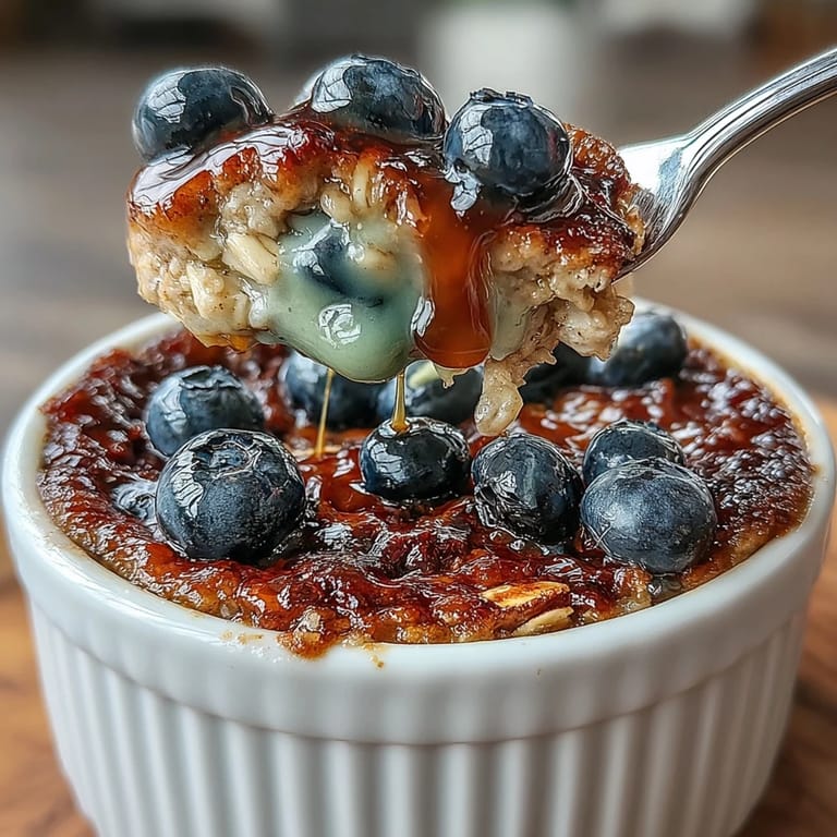 Golden-brown blueberry baked oatmeal with juicy berries and crunchy nuts, ideal for meal prep or a healthy start.  