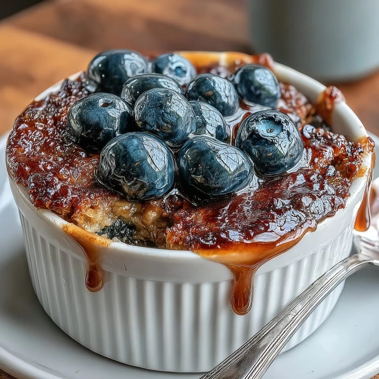 Single-serve blueberry baked oats with mashed banana and maple sweetness, baked until set and served warm.